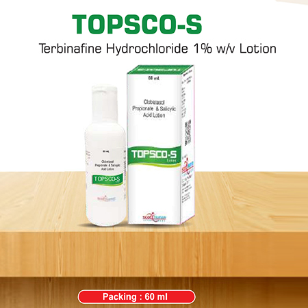 Product Name: Topsco, Compositions of Topsco are Terbinafine Hydrochloride 1% w/v Lotion - Scothuman Lifesciences