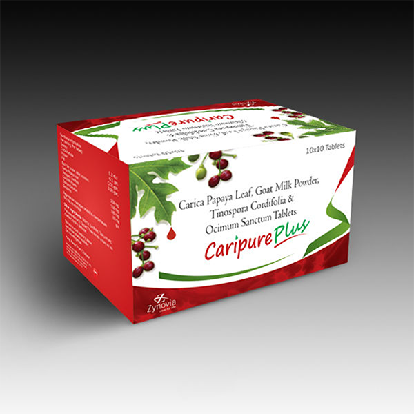 Product Name: Caripure plus, Compositions of Caripure plus are Carica Papaya Leaf, Goat Milk Powder, Tinospora Cordifolia & Ocimum Sanctum Tablets - Zynovia Lifecare