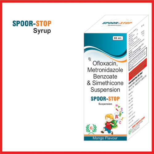 Product Name: Spoor Stop, Compositions of are Ofloxacin Metronidazole Benzoate & Simethicone Suspension - Greef Formulations