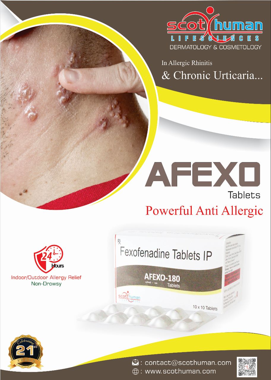 Product Name: Afexo, Compositions of Afexo are Fexofenadine Tablets ip - Pharma Drugs and Chemicals
