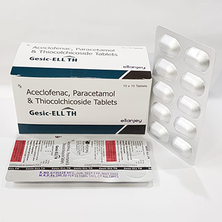 Product Name: Gesic ELL TH, Compositions of Gesic ELL TH are Aceclofenac, Paracetamol & Thicolchicoside Tablets - Ellanjey Lifesciences