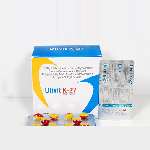 Product Name: Ulivit K 27, Compositions of Ulivit K 27 are Calcitriol, Calcium Carbonate Zinc Magnesium & L-Methylfolate Soft Gelatin Capsules - Yodley LifeSciences Private Limited