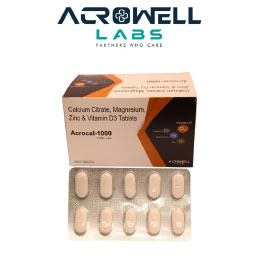 Product Name: Acrocal 1000, Compositions of Acrocal 1000 are Calcium Citrate,Magnesium,Zinc and Vitamin D3 Tablets - Acrowell Labs Private Limited