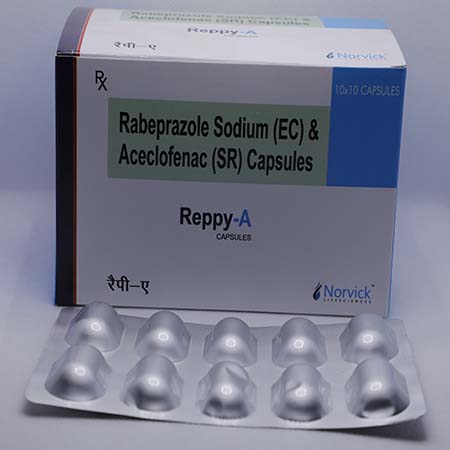 Product Name: Reppy A, Compositions of Reppy A are Rabeprazole Sodium (EC) & Aceclofenac (SR) Capsules - Norvick Lifesciences