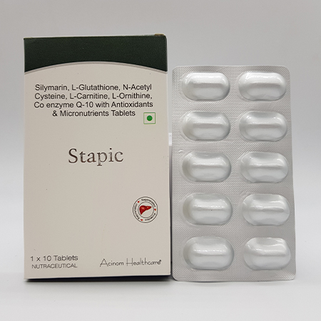 Product Name: Stapic, Compositions of Stapic are Silymarin, L Glutathione, N Acetyl cysteine, L Carnitine, L Ornithine, Co enzyme  Q 10 with Antioxidants and Micronutrients Tablets - Acinom Healthcare