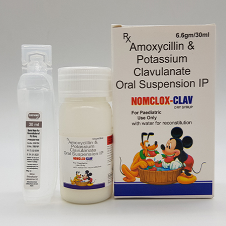 Product Name: Nomclox Clav, Compositions of Nomclox Clav are Amoxycillin and Potassium Clavulanate oral Suspension IP - Acinom Healthcare
