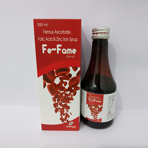 Product Name: Fe Fame, Compositions of Fe Fame are Ferrous Ascrobate, Folic Acid & Zinc Iron Syrup - Medifame Biotech
