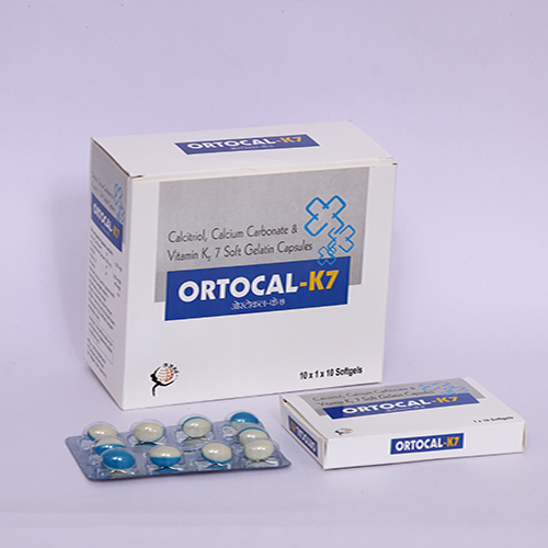 Product Name: ORTOCAL K7, Compositions of ORTOCAL K7 are Calcitriol, Calcium Carbonate & Vitamin K2 7 Softgelatin Capsules - Biomax Biotechnics Pvt. Ltd