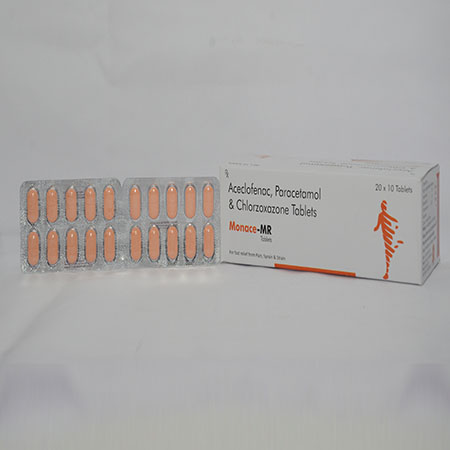 Product Name: MONACE MR, Compositions of are Aceclofenac, Paracetamol & Chlorzoxazone Tablets - Alencure Biotech Pvt Ltd