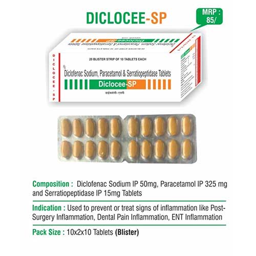 Product Name: Diclocee SP, Compositions of Diclocee SP are Diclofenac Sodium, Paracetamol & Serratiopeptidase Tablets - Euphoria India Pharmaceuticals