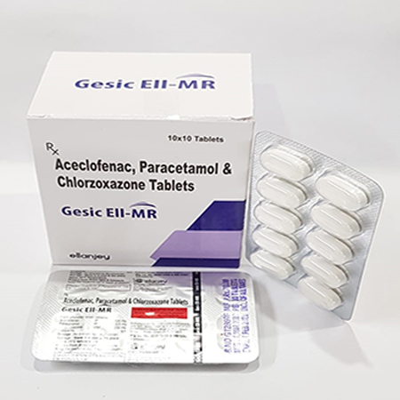 Product Name: Gesic eii mr, Compositions of Gesic eii mr are Aceclofenac , Paracetamol & Chlorzoxazone Tablets - Ellanjey Lifesciences
