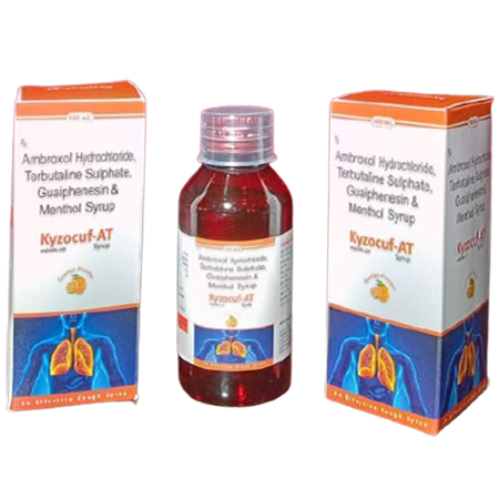 Product Name: Kyzocuf AT, Compositions of Kyzocuf AT are Ambroxol Hydrochloride, Terbutaline Sulphate, Guaiphensin & Methol Syrup - Kevlar Healthcare Pvt Ltd