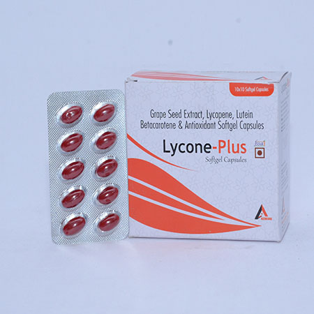 Product Name: LYCONE PLUS, Compositions of LYCONE PLUS are Grape Seed Extract, Lycopene, Lutein Betacarotene & Antioxidants Softgel Capsules - Alencure Biotech Pvt Ltd