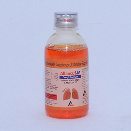 Product Name: ALLANCUF M, Compositions of ALLANCUF M are Terbutaline Sulphate Ambroxol Guaiphenesin and Menthol Syrup - Alencure Biotech Pvt Ltd