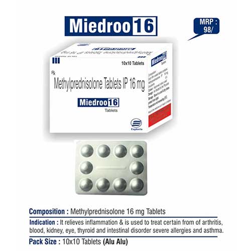 Product Name: Miedroo 16, Compositions of Miedroo 16 are Methylcprednisolone Tablets IP 16mg - Euphoria India Pharmaceuticals