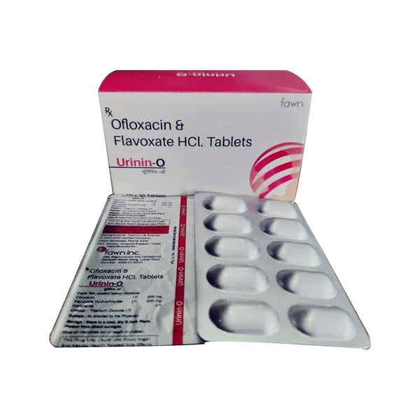 Product Name: URININ O, Compositions of URININ O are Flavoxate Hydrochloride 200mg. + Ofloxacin 200 mg. - Fawn Incorporation