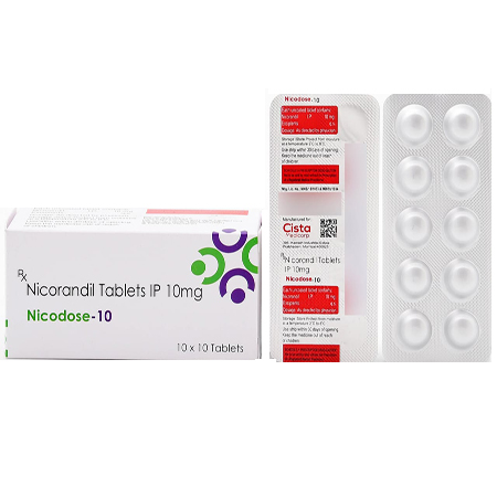 Product Name: NICODOSE 10, Compositions of NICODOSE 10 are Nicorandil Tablets IP 10 mg - Cista Medicorp