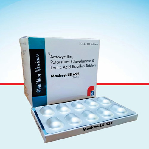 Product Name: Moxkey LB 625, Compositions of Moxkey LB 625 are Amoxycillin, potassium Clavulanate & Lactic Acid Bacilus Tablets  - Healthkey Life Science Private Limited