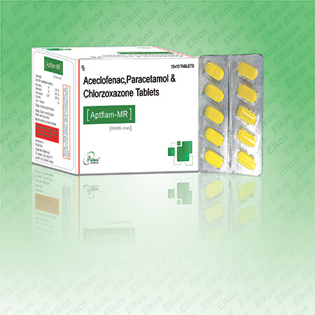 Product Name: Aptflam MR, Compositions of Aptflam MR are Aceclofenac, Paracetamol & Chlorzoxazone Tablets - Elkos Healthcare Pvt. Ltd