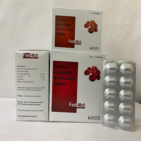 Product Name: FAST MZIT, Compositions of FAST MZIT are Ferrous Ascrobate & Folic Acid Tablets - Amzor Healthcare Pvt. Ltd