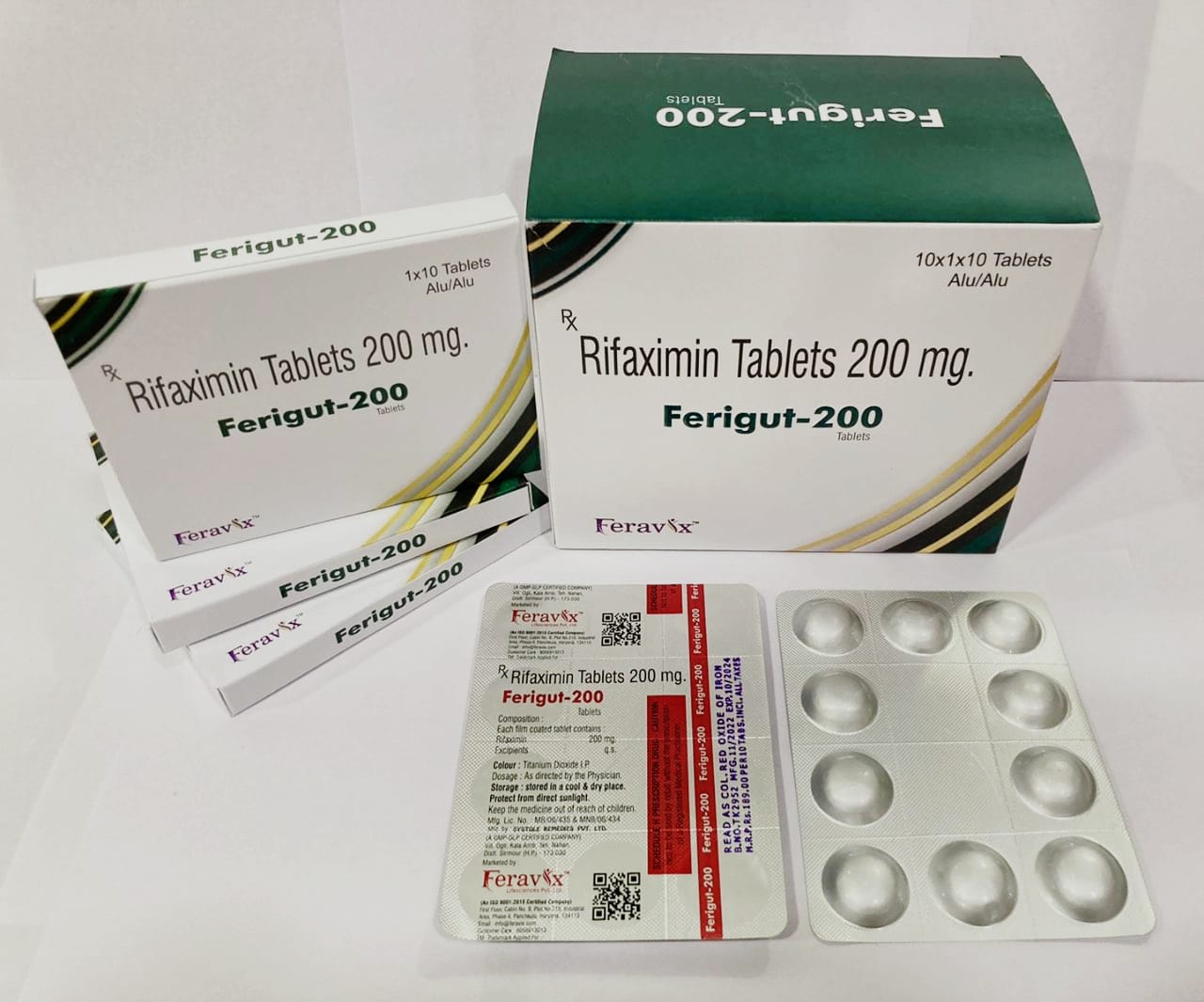 Product Name: FERIGUT 200 Tablets, Compositions of FERIGUT 200 Tablets are RIFAXIMIN 200MG - Feravix Lifesciences