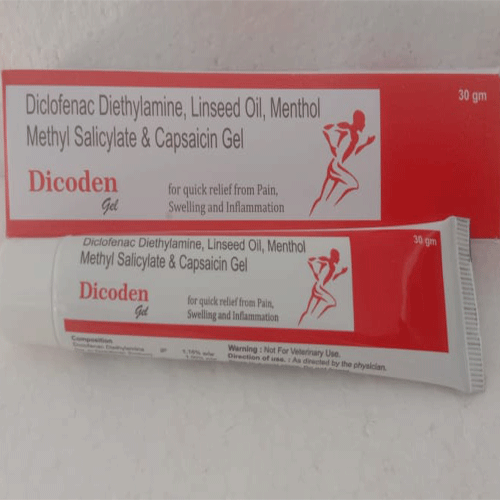 Product Name: Dicoden Gel, Compositions of Dicoden Gel are Diclofenac Diethylamine, Linseed Oil, Menthol Methyl Salicylate & Capsaicin - Denmed Pharmaceutical