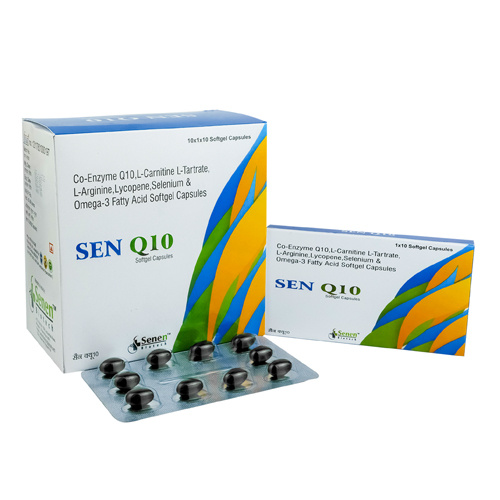 Product Name: Sen Q 10, Compositions of Sen Q 10 are Co-Enzyme Q10, L-Carnitine L-Tartrate, L-Arginine, Lycopene, Selenium & Omega-3 Fatty Acid Softgel - Senen Biotech