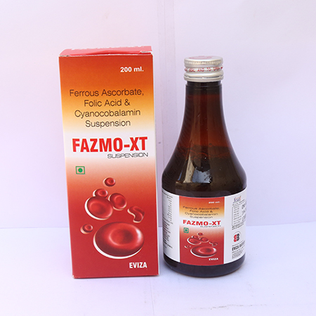 Product Name: Fazmo XT, Compositions of Fazmo XT are Ferrous Ascrobate, Folic Acid & Cyanocobalamin Suspension - Eviza Biotech Pvt. Ltd