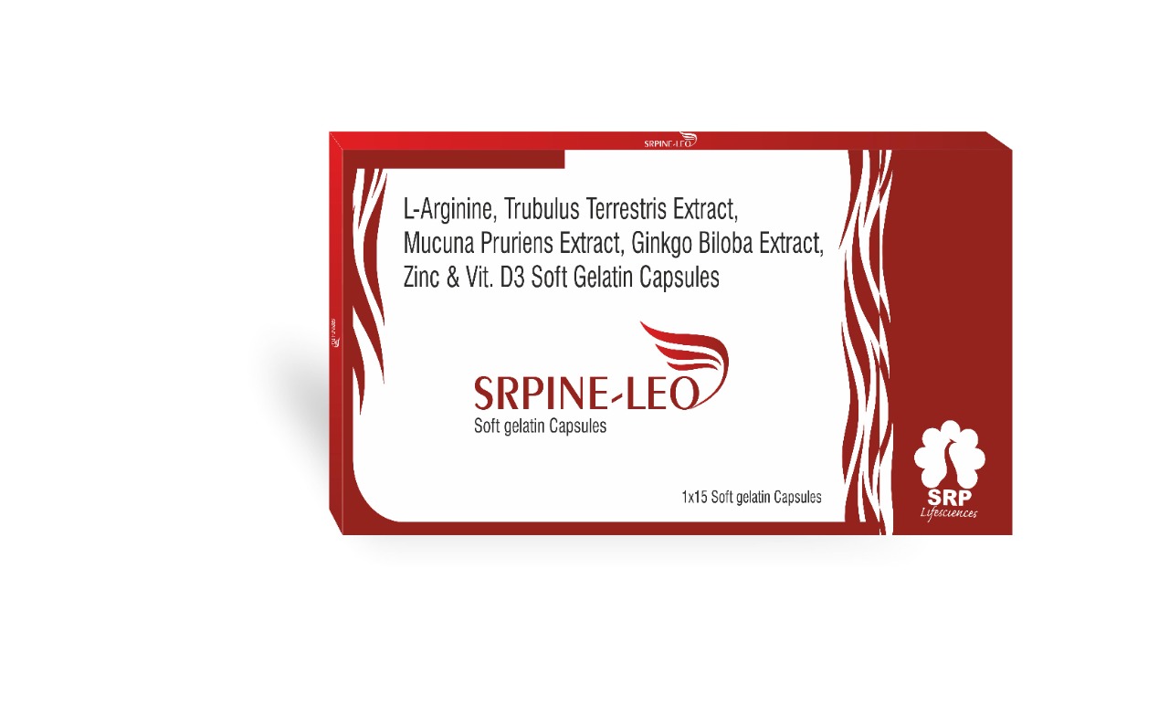 Product Name: Srpine leo, Compositions of L arginine ,trubulus terrestris extract mucuna pruriens extract , ginkgo biloba extract,zinc &vit d3 soft geltain capsules are L arginine ,trubulus terrestris extract mucuna pruriens extract , ginkgo biloba extract,zinc &vit d3 soft geltain capsules - Cynak Healthcare