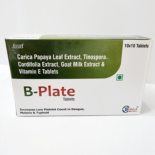 Product Name: B Plate, Compositions of B Plate are Carica Papaya Leaf Extract, Tinospora,Cordifolio Extract,Goat Milk Extract and Vitamin E Tablets - Bkyula Biotech