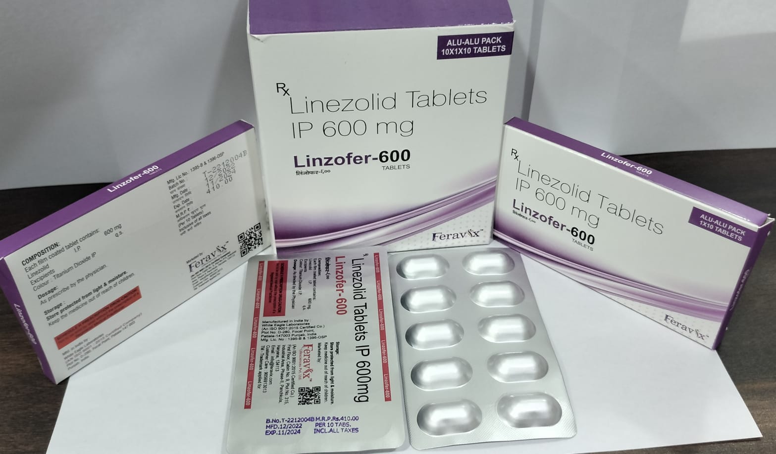 Product Name: LINZOFER 600 Tablets, Compositions of LINZOFER 600 Tablets are LINEZOLID 600MG - Feravix Lifesciences