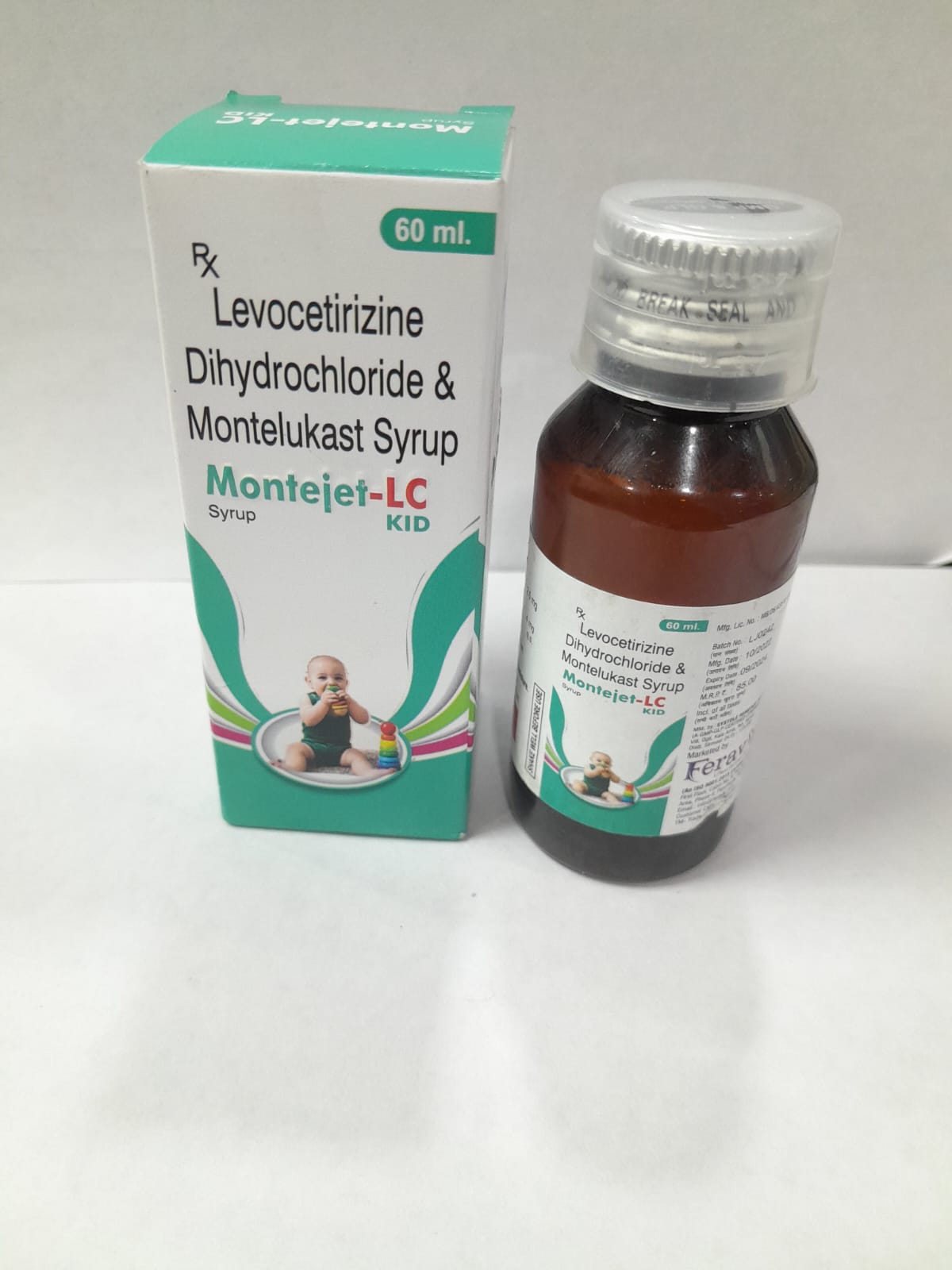 Product Name: MONTEJET LC KID Syrup, Compositions of MONTEJET LC KID Syrup are LEVOCETRIZINE 2.50MG, MONTELUKAST 5.0MG - Feravix Lifesciences