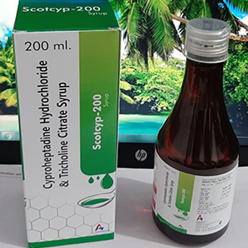 Product Name: Scotcyp 200, Compositions of Scotcyp 200 are Cyproheptadine  Hydrochloride & Tricholine Citrate Syrup - Adenscot Healthcare Pvt. Ltd.