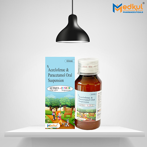 Product Name: Acekul Junior, Compositions of Acekul Junior are Aceclefenac & Parecetamol oral Suspension - Medkul Pharmaceuticals