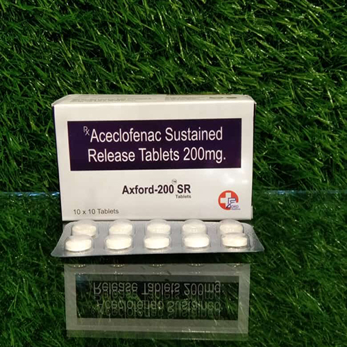 Product Name: Axford 200 SR, Compositions of Axford 200 SR are Aceclofenac Sustained Release Tablets 200 mg - Crossford Healthcare