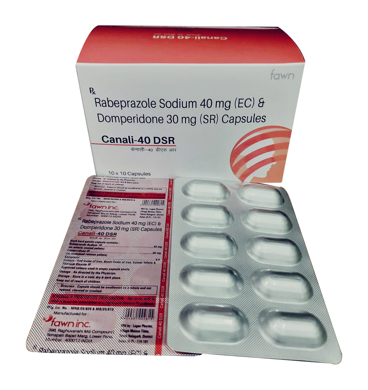 Product Name: CANALI 40 DSR, Compositions of CANALI 40 DSR are Rabeprazole Sodium (EC) 40 mg + Domperidone 30 (SR) 30 mg. - Fawn Incorporation