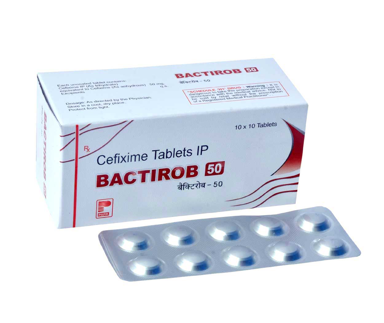 Product Name: BACTIROB 50, Compositions of BACTIROB 50 are Cefixime Tablets IP - Park Pharmaceuticals