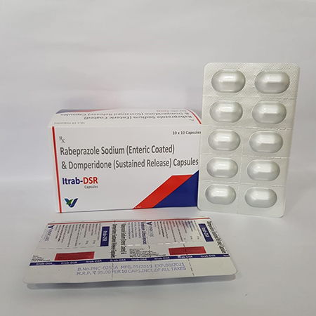 Product Name: Itrab dsr, Compositions of Itrab dsr are Rabeprazole Sodium (Enteric Coated) & Domperidone (Sustained Release) Capsules - Vindcare Lifesciences