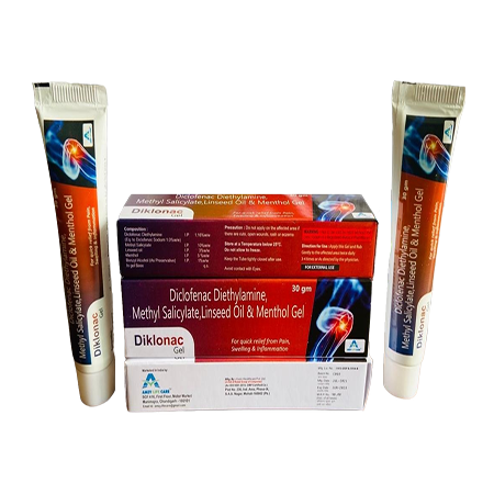 Product Name: Diclonac Gel, Compositions of Diclonac Gel are Diclofenac Diethylamine, Methyl Salicylate, Linseed Oil & Menthol Gel - Amzy Life Care