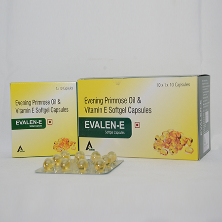 Product Name: EVALEN E, Compositions of EVALEN E are Evening Primrose Oil & Vitamin E Softgel Capsules - Alencure Biotech Pvt Ltd
