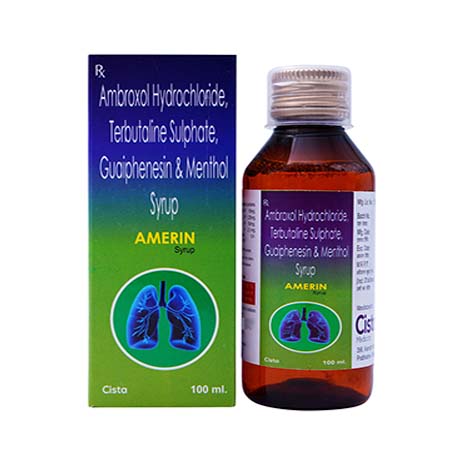 Product Name: AMERIN, Compositions of AMERIN are Ambrolxol Hydrochloride, Terbutaline Sulphate, Guaiphensin & Menthol Syrup - Cista Medicorp