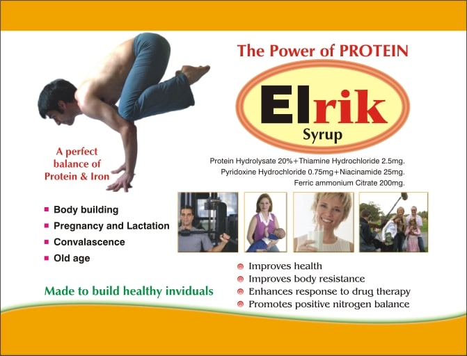 Product Name: Elrik, Compositions of Elrik are Each 15 ml contains: Protein hydrolysate 20%  1  gm  + Thiamine hydrochloride (Vit. B1)  I.P. 2.5 mg  +Pyridoxine hydrochloride(Vit B6)  I.P. 0.75 mg + Niacinamide I.P. 25 mg + Ferric ammonium citrate   I.P. 200 mg + Syrup ba - Biotropics Formulations
