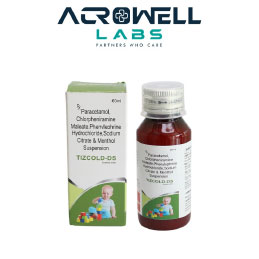 Product Name: Tizcold DS, Compositions of Tizcold DS are Paracetamol Chlorpheniramine Maleate, Phenylephrine Hydrochloride Sodium Citrate & Menthol Suspension - Acrowell Labs Private Limited