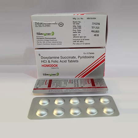 Product Name: Homodox, Compositions of Homodox are Doxylamine Succinate,Pyridoxine HCL & Folic Acid - Abigail Healthcare