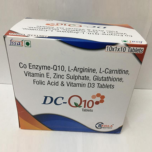 Product Name: DC Q10, Compositions of DC Q10 are Co Enzymes-Q10, L-Arginine, L-Carnitine, Vitamin E, Zinc Sulphate, Gluthathione, Folic Acid & Vitamin D3 Tablets - Bkyula Biotech