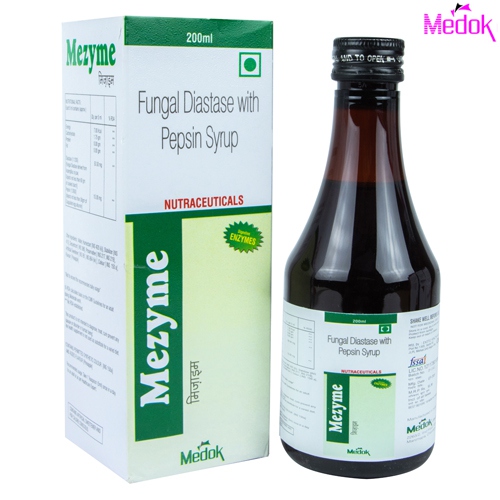 Product Name: Mezyme, Compositions of Mezyme are Fungal diastase with pepsin syrup - Medok Life Sciences Pvt. Ltd