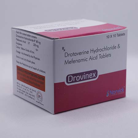 Product Name: Drovinex, Compositions of Drovinex are Drotaverine Hydrrochloride & Mefenamic Acid Tablets - Norvick Lifesciences