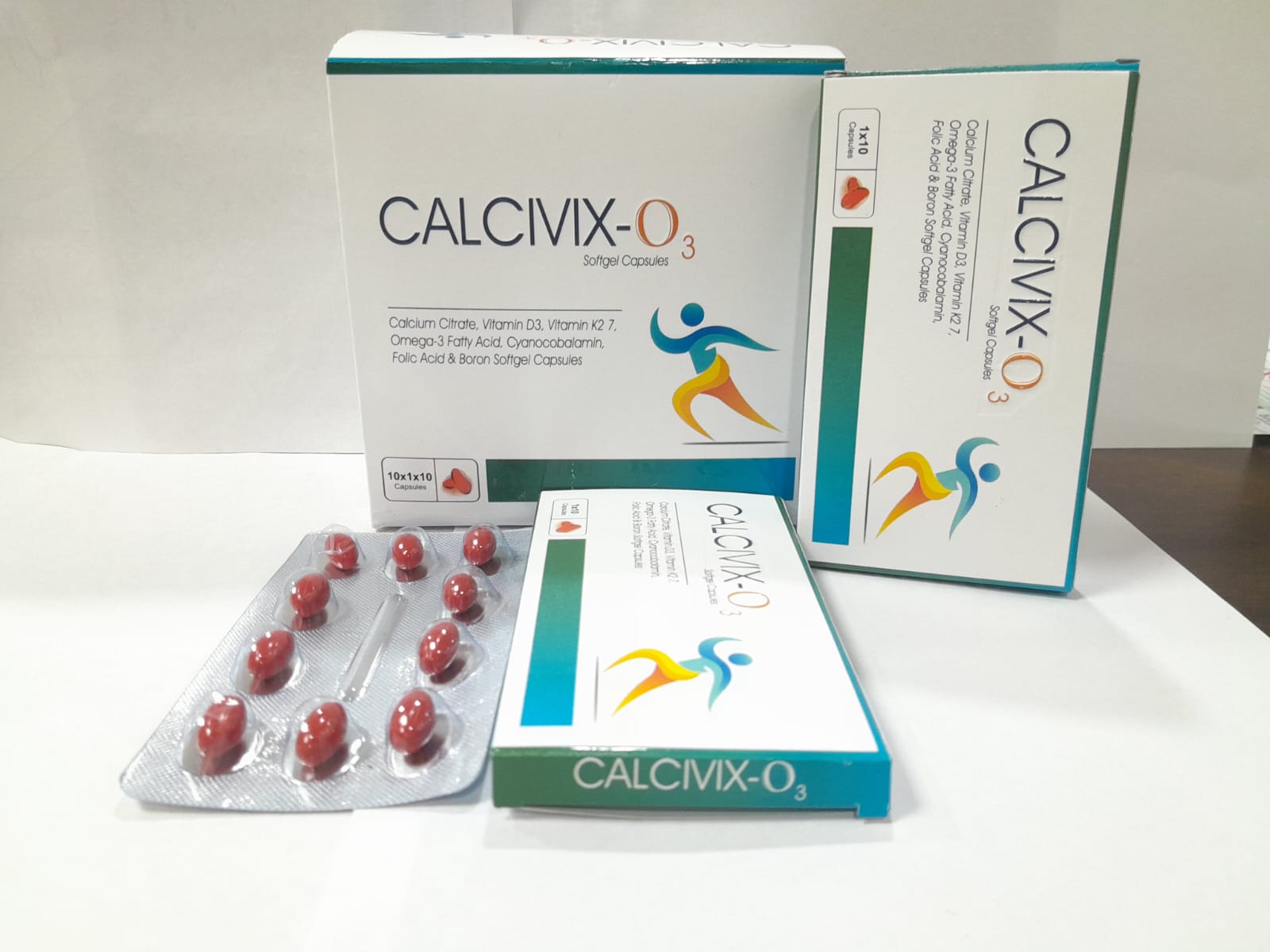 Product Name: CALCIVIX O3 Softgel Capsules, Compositions of are Calcim Citrate 500 mg (Eq. to Elemental Calcium 105 mg), Vitamin D3 400 IU, Vitamin K2 7 45 mcg, Omega-3 Fatty Acid contains : Eicosapentaenoic Acid (EPA) 90 mg, Docosahexaenoic Acid (DHA) 60 mg, Cyanocobalamin 1 mcg, Folic A - Feravix Lifesciences