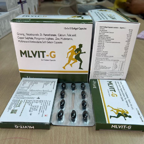 Product Name: MLVIT G, Compositions of MLVIT G are Ginseng Nicotinamide, D-Pantothenate, Calcium, Folic acid, Copper Sulphate, Manganese Sulphate, Zinc Multivitamin Mutmineral Antioxidants Soft Gelatin Capsules - Medicure LifeSciences