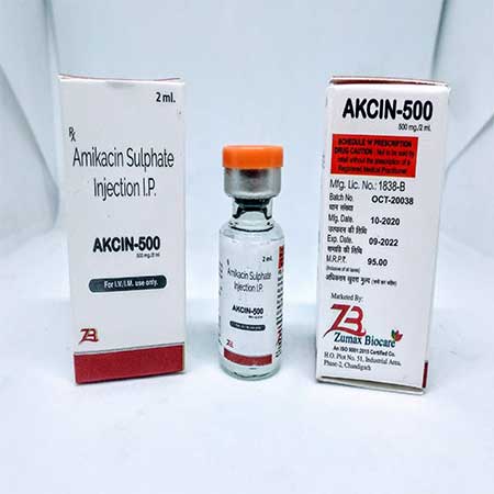 Product Name: Akcin 500, Compositions of Akcin 500 are Amikacin Sulphate Injection I.P. - Zumax Biocare